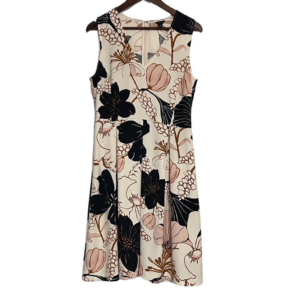 Ann Taylor Floral Fit & Flare Dress Size 10 Beige Pink Navy Gold Floral Spring